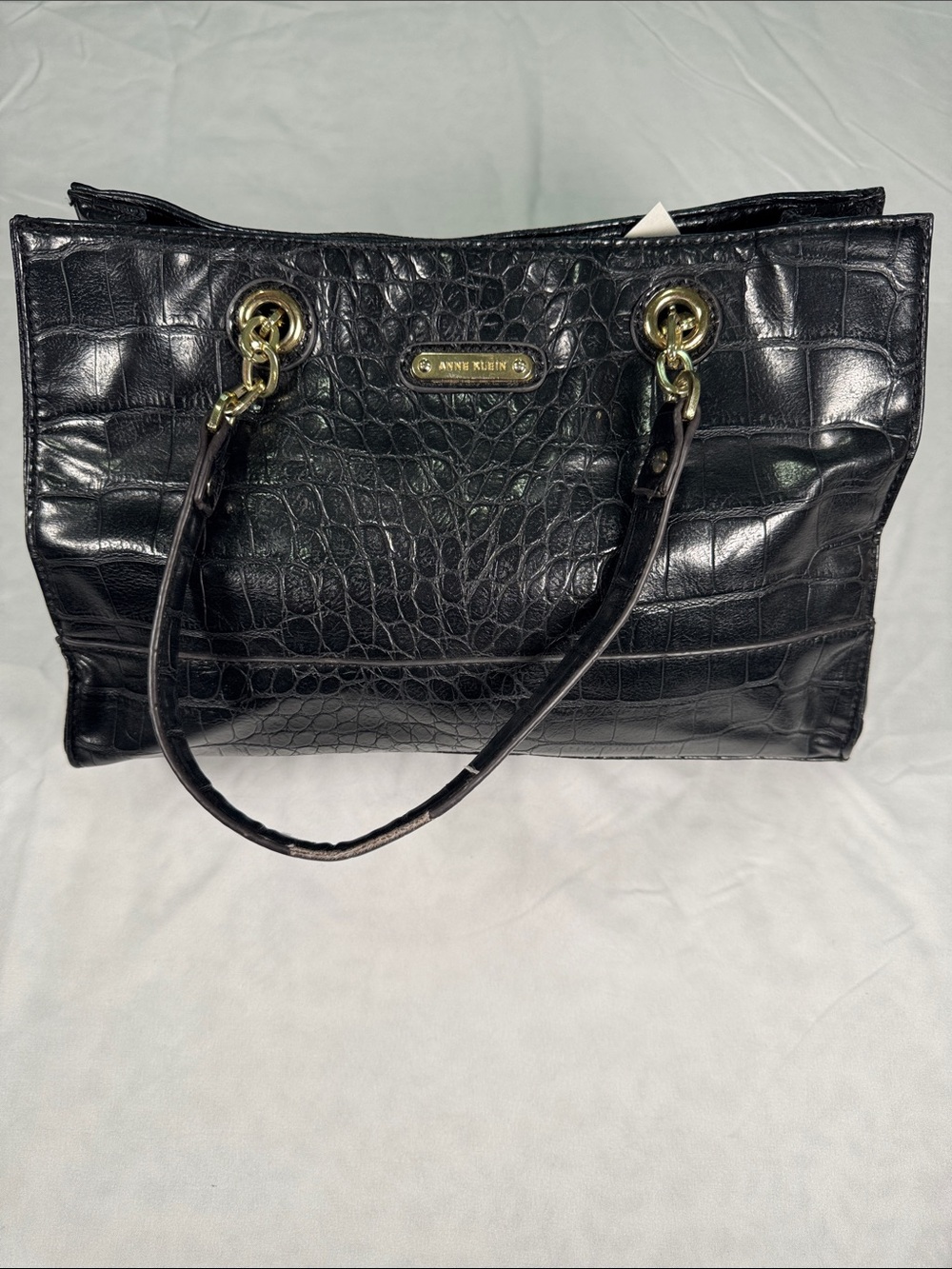 Anne Klein Black Croc-Embossed Tote with Gold Hardware